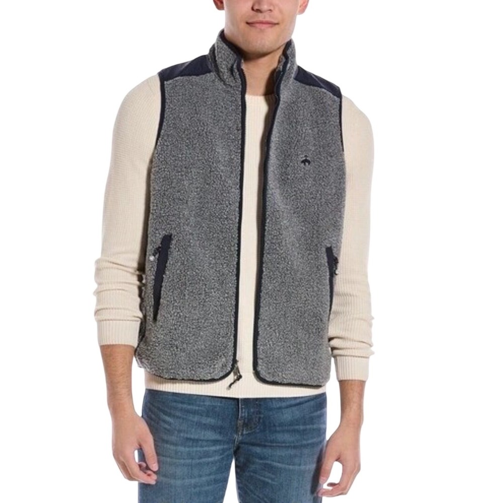 Brooks Brothers Teddy Sherpa Fleece Vest Men's L Gray Navy Full Zip Outdoors